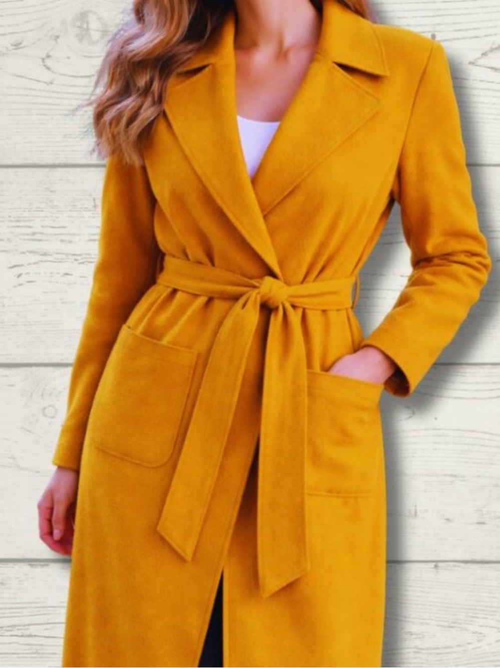 NEW Le Chateau Faux Suede Mid Length Belted Coat, Mustard Yellow, Fall, Size XXL